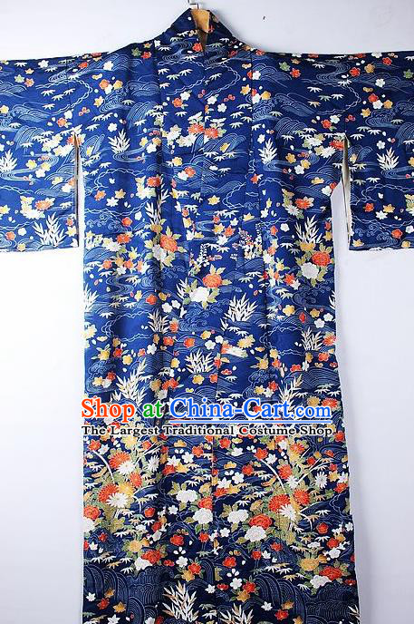 Asian Japanese Ceremony Clothing Classical Flowers Pattern Royalblue Kimono Traditional Japan National Yukata Costume for Men