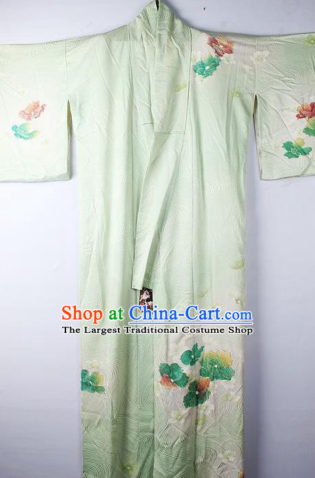 Asian Japanese National Printing Sakura Green Furisode Kimono Ceremony Costume Traditional Japan Yukata Dress for Women