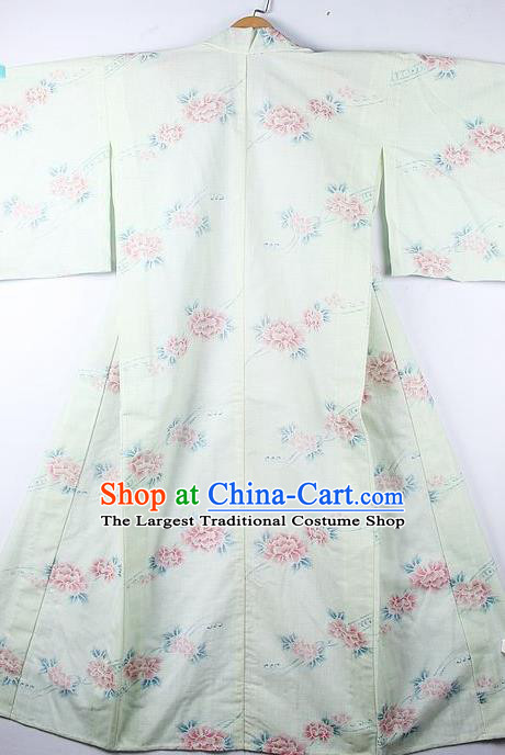 Asian Japanese Printing Peony Green Furisode Kimono Ceremony Costume Traditional Japan Yukata Dress for Women