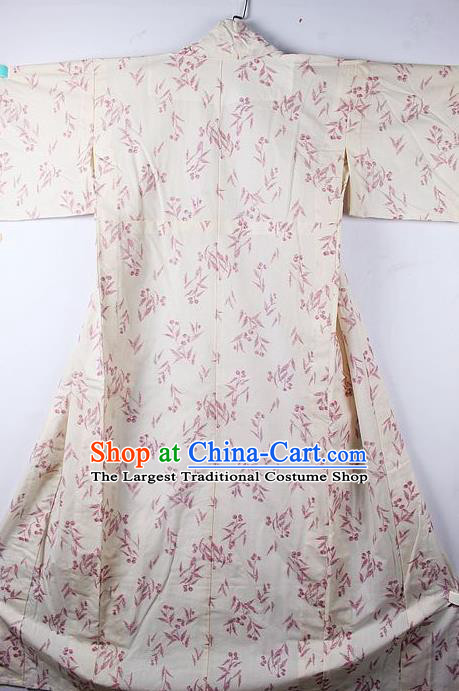 Asian Japanese Printing Bamboo Leaf Beige Furisode Kimono Ceremony Costume Traditional Japan Yukata Dress for Women