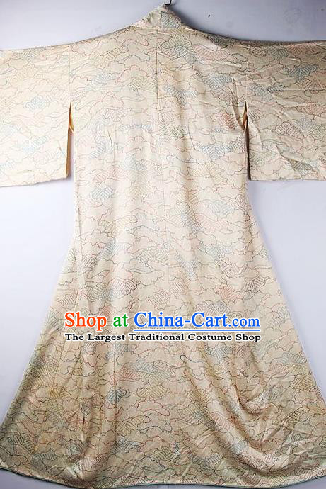 Asian Japanese National Iromuji Printing Champagne Furisode Kimono Ceremony Costume Traditional Japan Yukata Dress for Women
