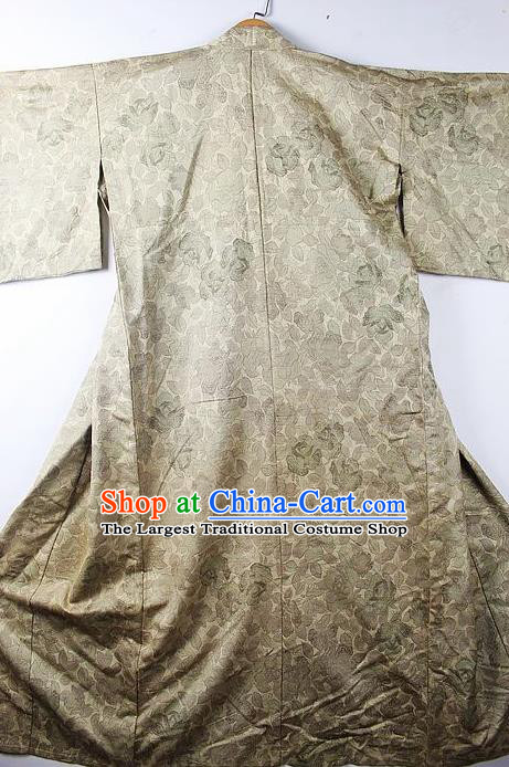 Asian Japanese Classical Roses Pattern Grey Yukata Traditional Japan Kimono Costume for Men