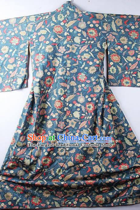 Asian Japanese Classical Frangipane Pattern Blue Yukata Traditional Japan Kimono Costume for Men