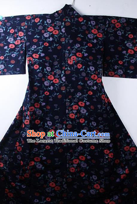 Asian Japanese Classical Daisy Pattern Navy Yukata Traditional Japan Kimono Costume for Men