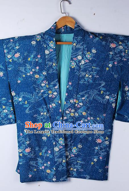 Asian Japanese Clothing Classical Pattern Blue Haori Coat Kimono Traditional Japan National Costume for Men