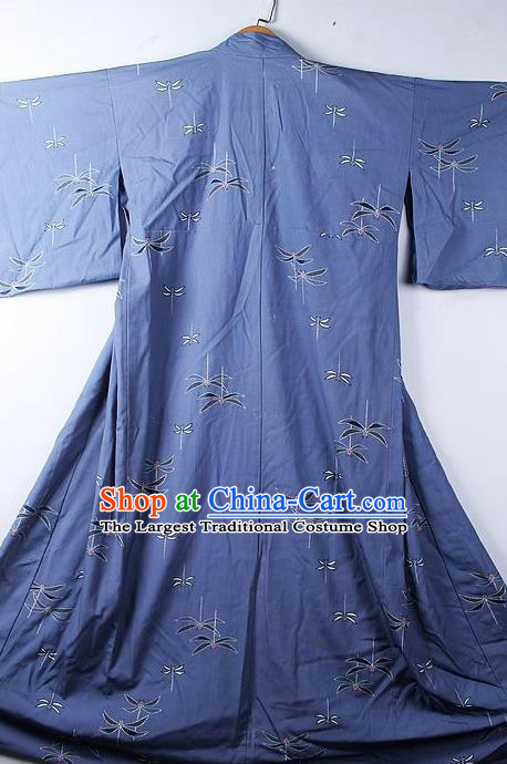 Asian Japanese Classical Dragonfly Pattern Blue Yukata Robe Traditional Japan Kimono Costume for Men