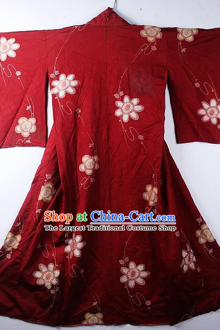 Asian Japanese Classical Sunflowers Pattern Red Furisode Kimono Ceremony Costume Traditional Japan Yukata Dress for Women