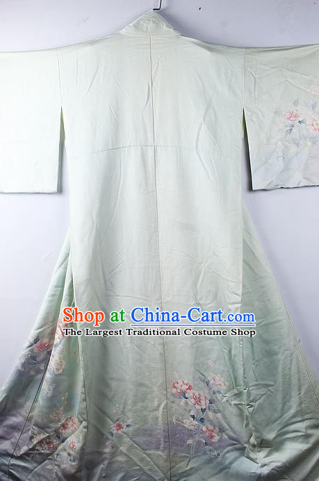 Asian Japanese National Iromuji Printing Peony Light Green Furisode Kimono Ceremony Costume Traditional Japan Yukata Dress for Women
