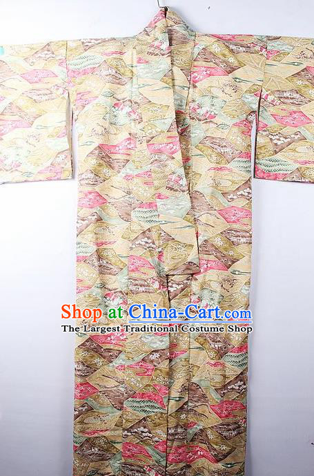 Asian Japanese Palace Classical Sakura Pattern Yellow Furisode Kimono Ceremony Costume Traditional Japan Yukata Dress for Women