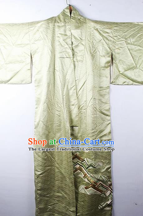 Asian Japanese Palace Classical Pattern Green Furisode Kimono Ceremony Costume Traditional Japan Yukata Dress for Women