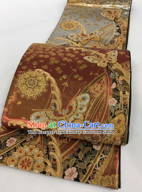 Japanese Traditional Classical Butterfly Pattern Brown Waistband Kimono Brocade Accessories Asian Japan Yukata Belt for Women