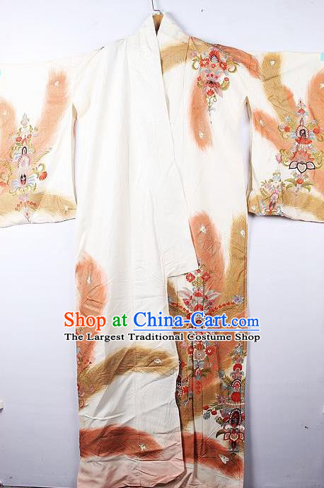 Asian Japanese Palace Feather Pattern White Furisode Kimono Traditional Japan Yukata Dress for Women