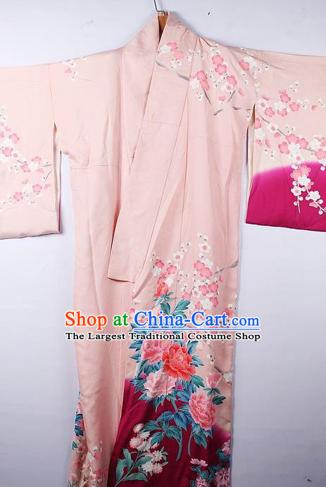 Asian Japanese Palace Peony Plum Pattern Pink Furisode Kimono Traditional Japan Yukata Dress for Women