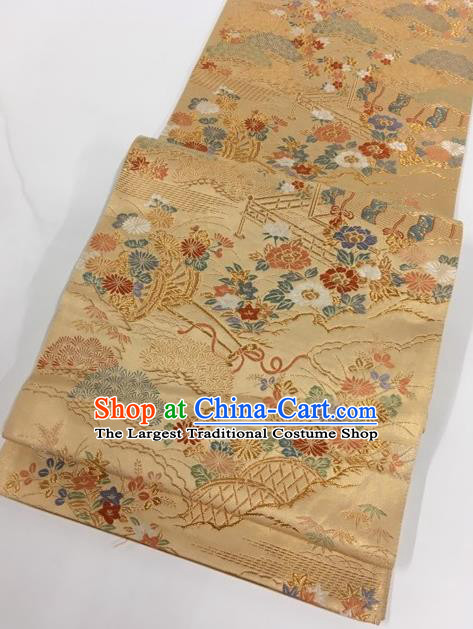 Japanese Traditional Classical Cornflower Peony Pattern Golden Waistband Kimono Brocade Accessories Asian Japan Yukata Belt for Women