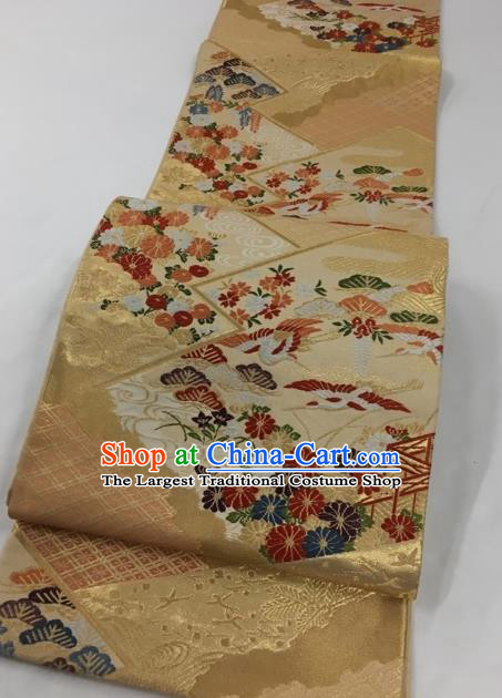 Japanese Traditional Classical Crane Cornflower Pattern Golden Waistband Kimono Brocade Accessories Asian Japan Yukata Belt for Women