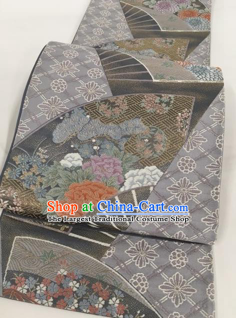 Japanese Traditional Classical Peony Pattern Grey Waistband Kimono Brocade Accessories Asian Japan Yukata Belt for Women