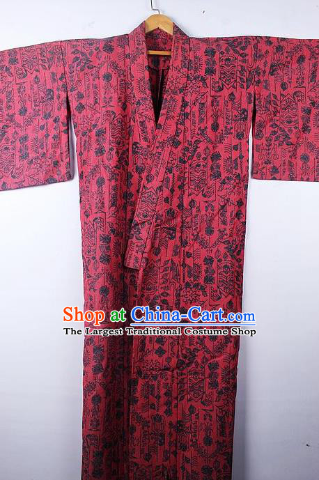 Asian Japanese Palace Pattern Rosy Furisode Kimono Traditional Japan Yukata Dress for Women