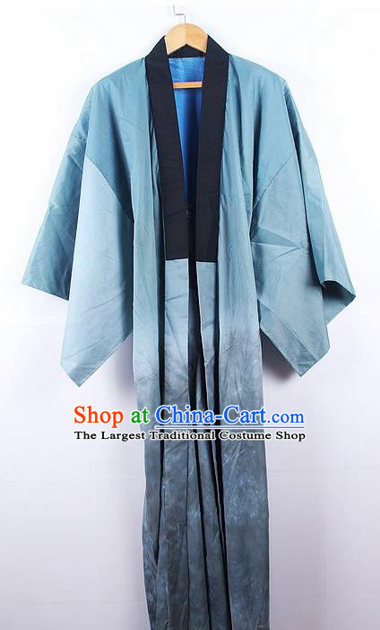 Asian Japanese Samurai Classical Pattern Blue Yukata Robe Traditional Japan Kimono Costume for Men