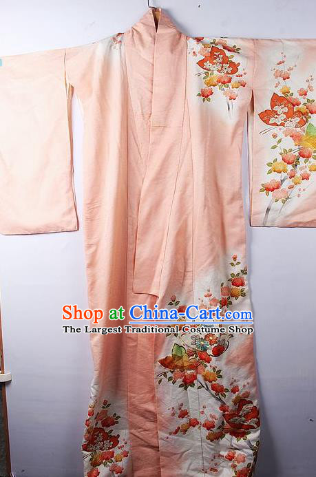 Asian Japanese Palace Classical Plum Chrysanthemum Pattern Pink Furisode Kimono Traditional Japan Yukata Dress for Women