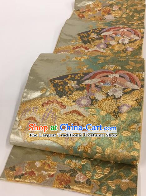 Japanese Traditional Classical Phoenix Pattern Green Waistband Kimono Brocade Accessories Asian Japan Yukata Belt for Women