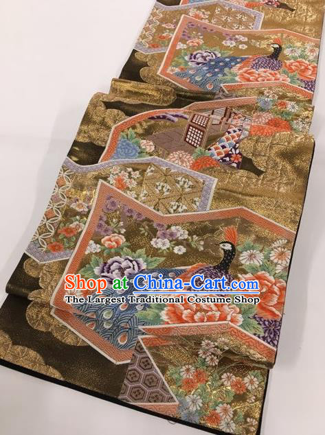 Japanese Traditional Classical Peacock Peony Pattern Brown Waistband Kimono Brocade Accessories Asian Japan Yukata Belt for Women