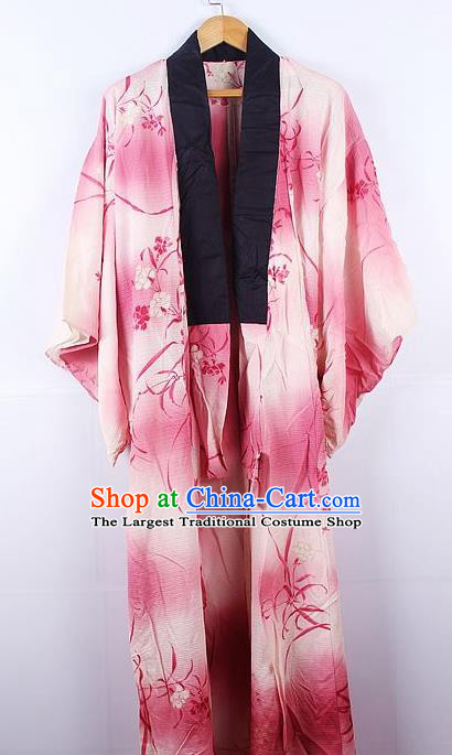 Asian Japanese Ceremony Printing Orchid Rosy Kimono Dress Traditional Japan Yukata Costume for Women