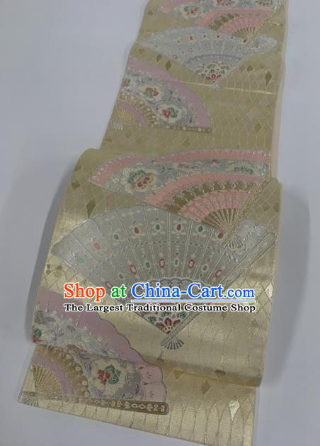 Japanese Traditional Classical Fan Pattern Light Golden Waistband Kimono Brocade Accessories Asian Japan Yukata Belt for Women