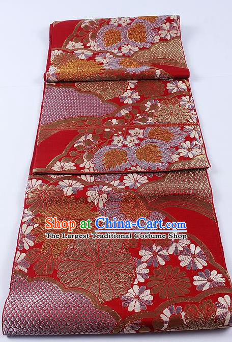 Japanese Traditional Classical Cornflower Pattern Red Kimono Brocade Accessories Asian Japan Yukata Belt for Women