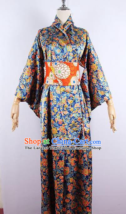 Asian Japanese Ceremony Printing Flowers Blue Kimono Dress Traditional Japan Yukata Costume for Women