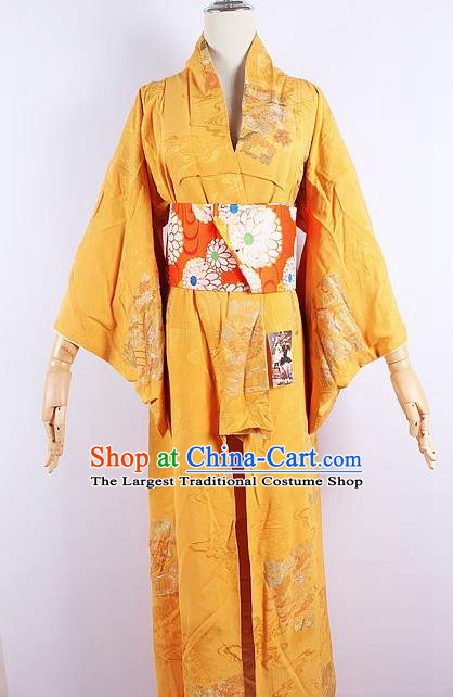 Asian Japanese Ceremony Printing Dragon Boat Yellow Kimono Dress Traditional Japan Yukata Costume for Women