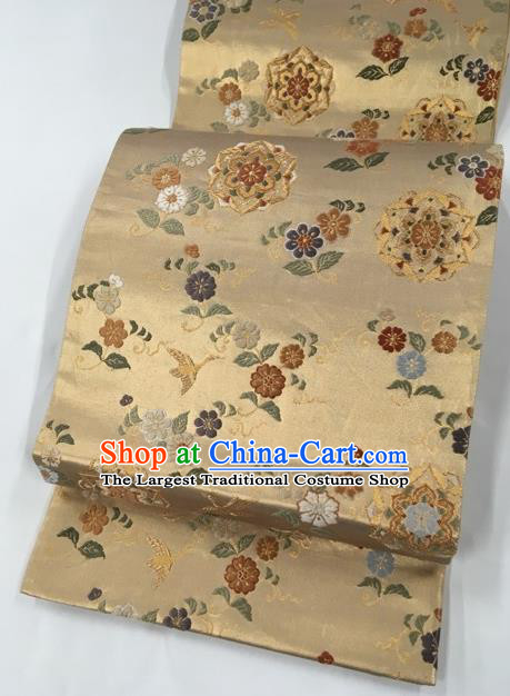 Japanese Traditional Classical Flowers Pattern Golden Kimono Brocade Accessories Asian Japan Yukata Belt for Women