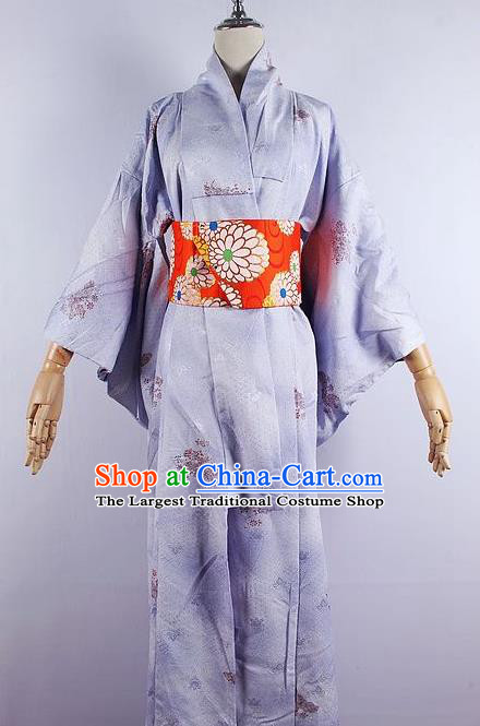 Asian Japanese Ceremony Printing Sakura Light Purple Kimono Dress Traditional Japan Yukata Costume for Women