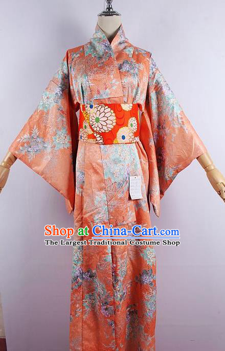 Japanese Ceremony Costume Printing Orange Silk Kimono Dress Traditional Asian Japan Yukata for Women