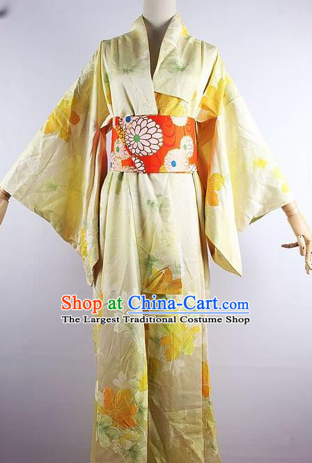 Japanese Ceremony Costume Printing Yellow Silk Kimono Dress Traditional Asian Japan Yukata for Women