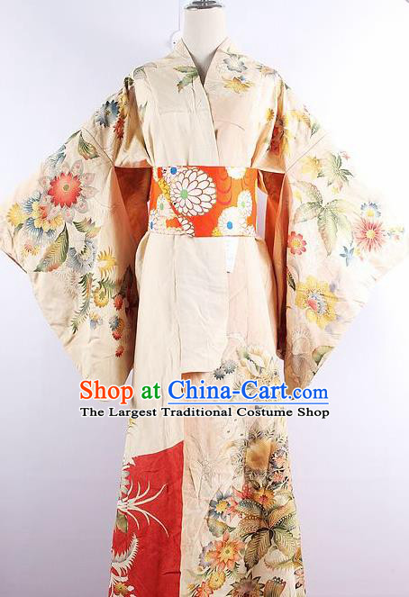 Japanese Ceremony Costume Printing Flowers Silk Kimono Dress Traditional Asian Japan Yukata for Women