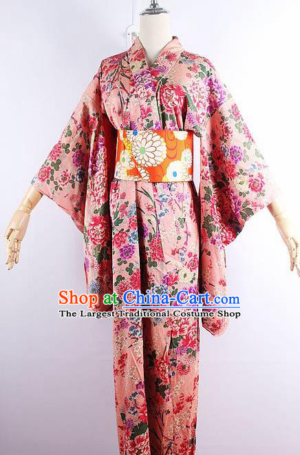 Japanese Ceremony Costume Printing Peony Pink Silk Kimono Dress Traditional Asian Japan Yukata for Women