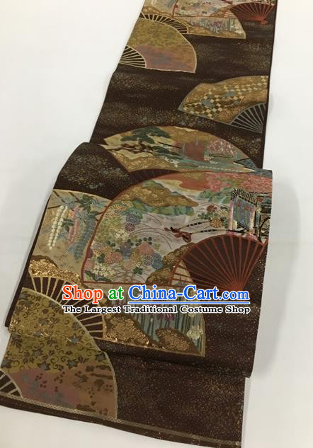 Traditional Japanese Classical Fan Pattern Brown Nishijin Waistband Kimono Brocade Accessories Yukata Belt for Women