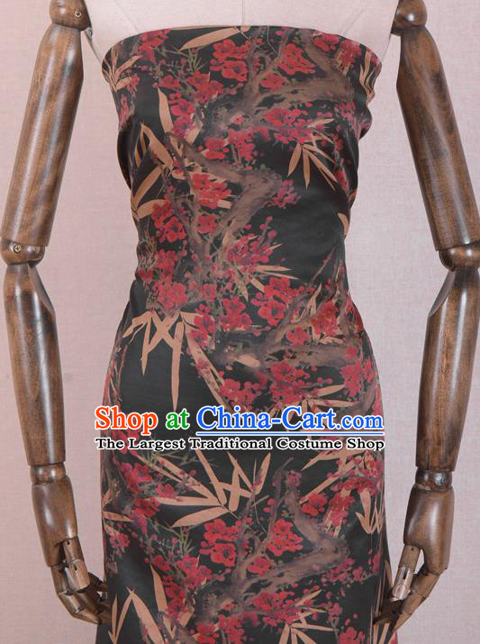 Chinese Classical Bamboo Plum Blossom Pattern Design Black Gambiered Guangdong Gauze Traditional Asian Brocade Silk Fabric