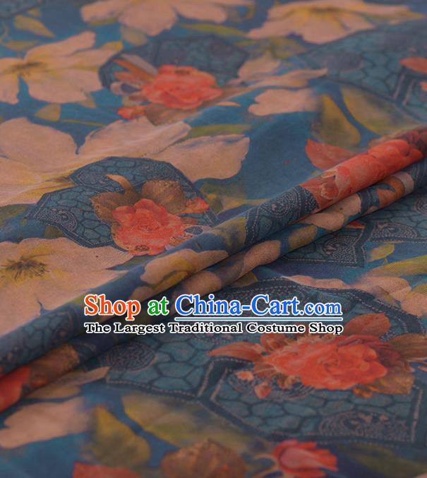 Chinese Classical Roses Pattern Design Blue Gambiered Guangdong Gauze Traditional Asian Brocade Silk Fabric