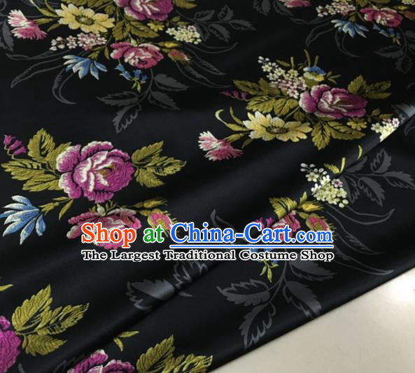 Asian Chinese Classical Roses Pattern Black Brocade Satin Drapery Traditional Cheongsam Brocade Silk Fabric