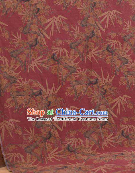 Asian Chinese Classical Plum Bamboo Leaf Pattern Wine Red Gambiered Guangdong Gauze Traditional Cheongsam Brocade Silk Fabric