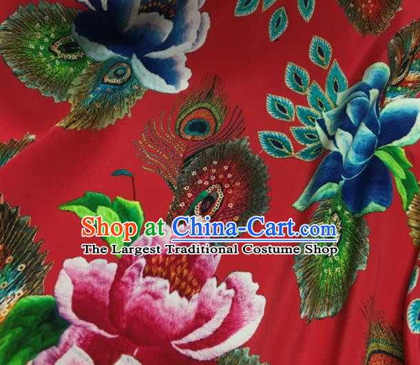 Asian Chinese Classical Lotus Pattern Red Brocade Satin Drapery Traditional Cheongsam Brocade Silk Fabric