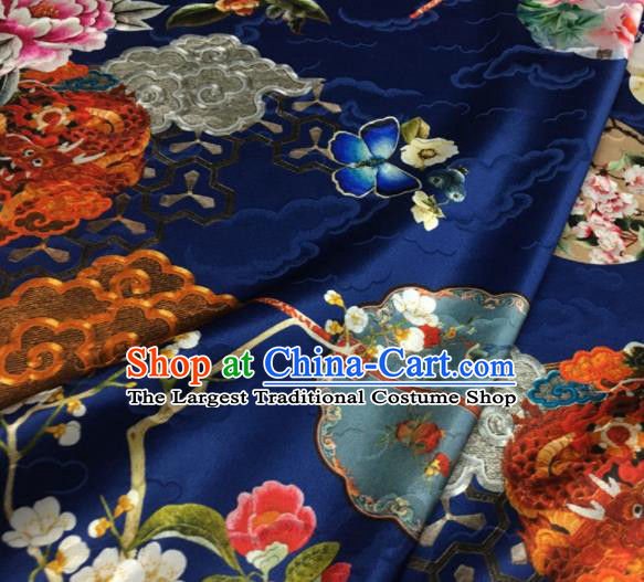 Asian Chinese Classical Dragon Peony Pattern Royalblue Brocade Satin Drapery Traditional Cheongsam Brocade Silk Fabric