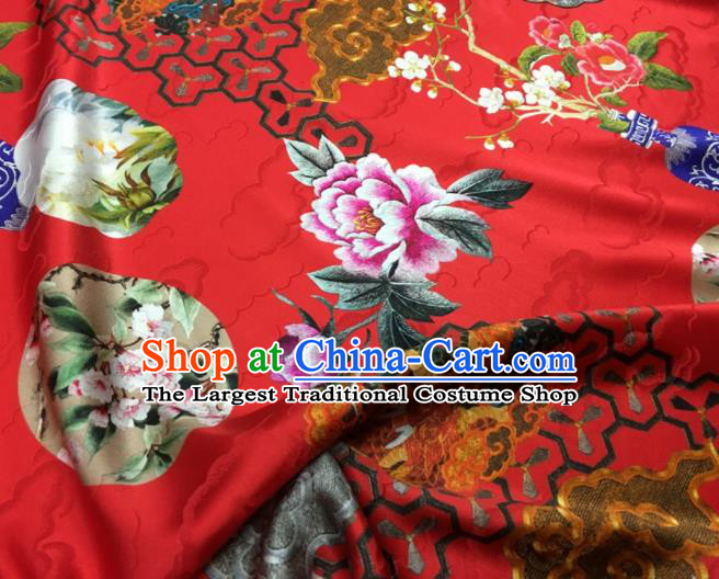 Asian Chinese Classical Dragon Peony Pattern Red Brocade Satin Drapery Traditional Cheongsam Brocade Silk Fabric