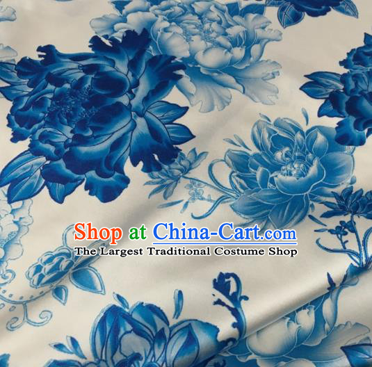 Asian Chinese Classical Blue Peony Pattern White Brocade Satin Drapery Traditional Cheongsam Brocade Silk Fabric