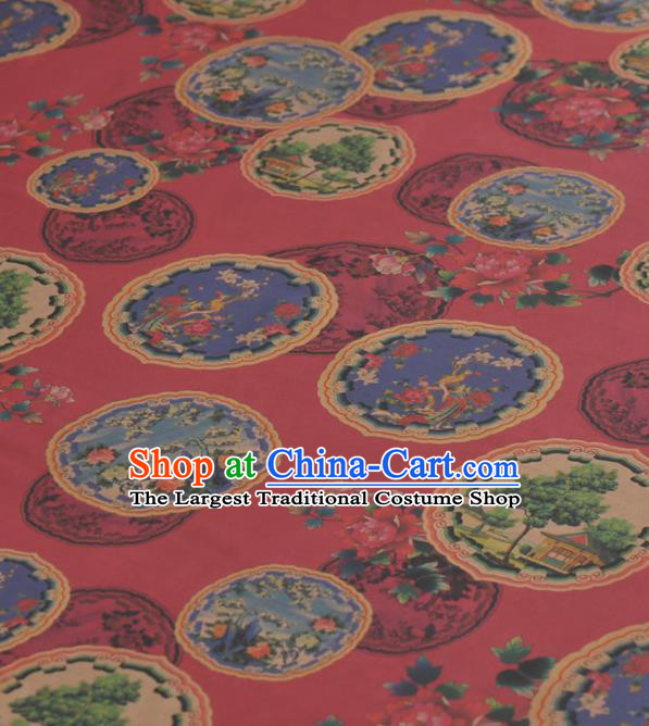 Asian Chinese Classical Peony Pavilion Pattern Red Gambiered Guangdong Gauze Traditional Cheongsam Brocade Silk Fabric