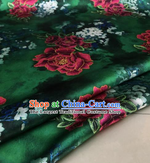 Asian Chinese Classical Peony Pattern Deep Green Brocade Satin Drapery Traditional Cheongsam Brocade Silk Fabric