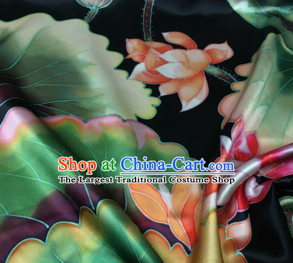 Asian Chinese Classical Lotus Pattern Black Brocade Satin Drapery Traditional Cheongsam Brocade Silk Fabric