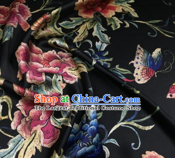 Asian Chinese Classical Peony Flowers Pattern Black Brocade Satin Drapery Traditional Cheongsam Brocade Silk Fabric