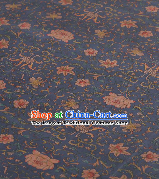 Asian Chinese Classical Lotus Pattern Navy Gambiered Guangdong Gauze Traditional Cheongsam Brocade Silk Fabric